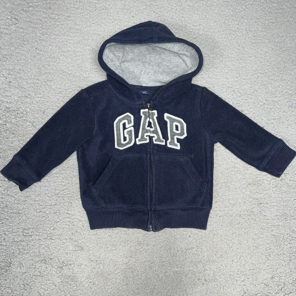 VTG Baby Gap Hoodie Toddler Sz 12-18 Months Blue Fleece‎ Waffle Knit Hood Jacket